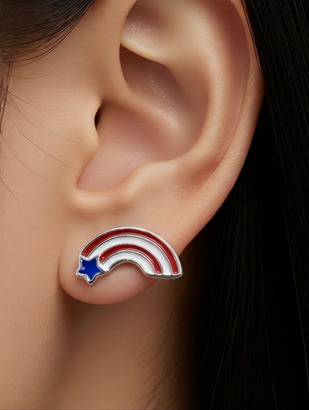 Patriotic Rainbow Stud Earrings Red White Blue Star Americana Flag July 4th Gift